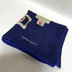 【送料無料】カルティエ 大判 スカーフ ロゴ ネイビー ゴールド