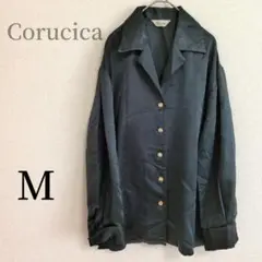 コルシカ ブラックシャツ M ゆったりM 光沢 金ボタン 飾りボタン スリット
