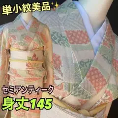 セミアンティーク単小紋美品！バチ襟カラフル裂取模様　小柄細めの方向け身丈145