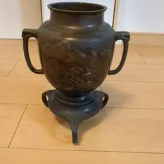 【美品箱付き】　薄端　銅製　池坊　共耳山水　伝統工芸品 水盤 花器 花道具　三足 美品箱付き】 薄端 銅製 池坊 共耳山水 伝統工芸品 水盤 花器 花
