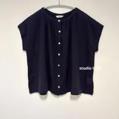 スタジオクリップ　コットンリネンガーゼ前開きブラウス　ネイビー