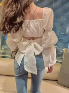 【GRL】バックリボンギャザースリーブクロップド丈トップス / 0247