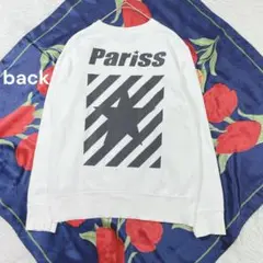 Pariss◇バックプリントトレーナー S ホワイト 斜めストライプ 星柄 ロゴ