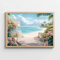 A4 木造の桟橋と美しいビーチハウスの水彩画アート 南国の風景リゾート ポスター