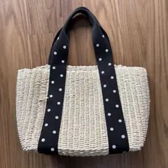 パピヨネ　ベージュ かごバッグ ドット柄ストラップ