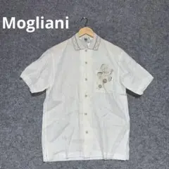 Mogliani ホワイト 半袖シャツ 刺繍入り　リネン100%