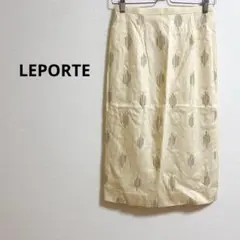 b513【LEPORTE】リネン調絹シルクミディ丈柄スカートナチュラル裏キュプラ