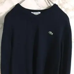 【ウールブレンド】ラコステ ワンポイントロゴ Vネックニット ブラック XL☆