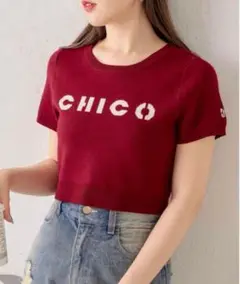 chico ロゴジャガード刺繍ニット