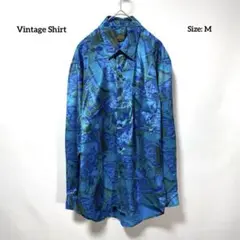 Vintage 総柄 デザインシャツ THAI SILK 長袖 光沢 ブルー系