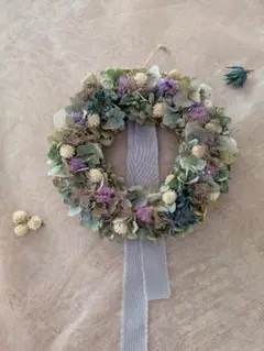 ブルーグリーンの秋色紫陽花ドライフラワーリース