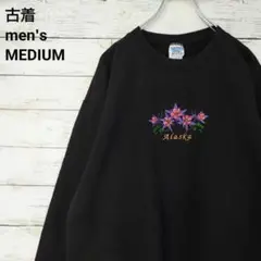 古着 GILDAN ギルダン スウェット ALASKA 刺繍 花 ブラック M