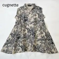 cugnette リネン スキッパー チュニック ワンピ 花柄 生成×紺 F