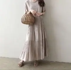 ワンピース スカート ティアード プリーツロングワンピース ピンクべージュ　美品
