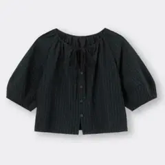 GU テクスチャーランタンスリーブブラウス(5分袖) M ブラック