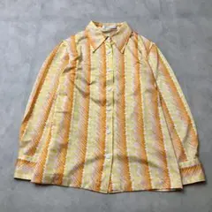 昭和レトロパターン柄長袖シャツブラウスストライプ70s鮮やか透け素材オレンジ古着
