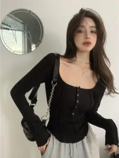M ブラック ギャル シャツ 韓国 シンプル おしゃれ セクシー リブトップス