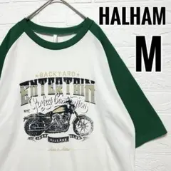 HALHAM Tシャツ 七分袖　ラグラン袖　白　緑　バイク　プリント　【M】