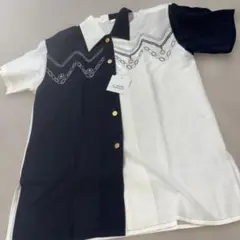 新品・バイカラー 半袖シャツ チェーン刺繍・M