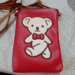 クマ刺繍 レッド スマホショルダーバッグ