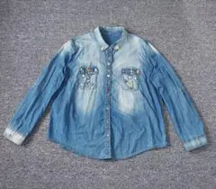 Y2K デニムシャツ　ヴィンテージ　ダメージ　オーバーサイズ　キーホルダー