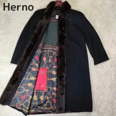 美品!ヘルノ ミンクファー ロングコート カシミヤ100 裏地シルク総柄 44