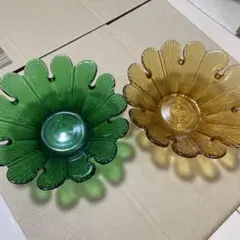 花型ガラスボウル 緑と茶色のセット