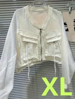 お洒落❣️t クロップドシアージャケット ブルゾン バルーンスリーブ 白 XL