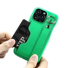 iPhone14Pro ケース　ベルト　バンド付　カード入れ　存在感　グリーン！