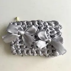 SALE✩.*˚手編み サテンリボン ポーチ シルバー ファスナー バレエコア