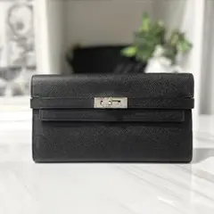 美品★ エルメス ケリーウォレット エプソン 黒×シルバー金具 A刻印