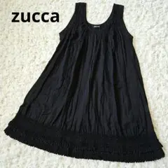 【zucca】ズッカノースリーブチュニック フリンジ 黒 コットンローン生地