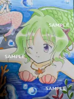 No.67 手描きイラスト「スピード自慢」人魚 女の子 海 オリジナル