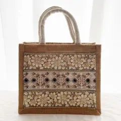 ジュートバッグ インド刺繍 ホワイトフラワー