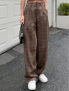 DAZY ハイウエスト　ワイドレッグ　ブラウンチェック　スラックス　S