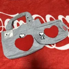 ☆スヌーピ☆PEANUTS トートバッグ＆ポーチセット　赤いハート付き　グレー