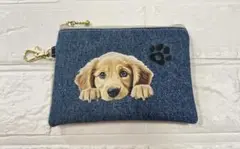 ゴールデンレトリバー×デニム　ミニポーチ　コインポーチ　フェイクレザー　犬