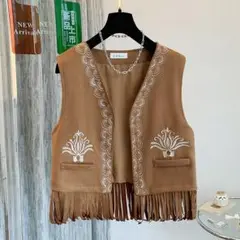 【美品】ベスト トップス 刺繍 レディース おしゃれ度高め チョッキ フリンジ