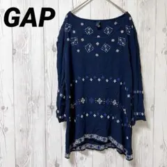 【ギャップ　GAP】長袖チュニック　ネイビー　刺繍　フレア袖