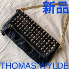 希少！THOMASWYLDEスカルスタッズレザーバッグブラック巾着型 希少！THOMASWYLDEスカルスタッズレザーバッグブラック巾着型