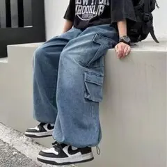デニム カーゴパンツ ストリート ワイド サイドポケット ユニセックス XL