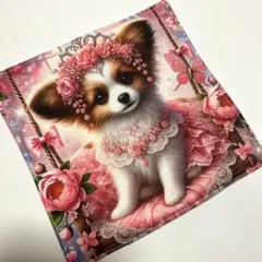 ハンドメイド　　ガーゼハンカチ　　112 パピヨン柄