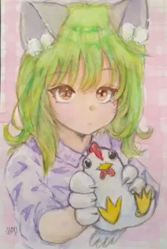手描きイラスト オリジナル アナログ 原画 猫耳の女の子