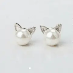 ピアス レディース キャット 一粒パール シンプル スタッドピアス 韓国 新品