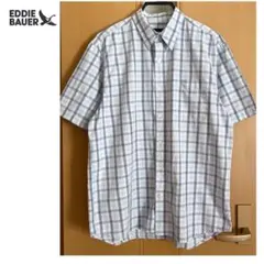 Eddie Bauer 半袖コットンシャツ　青系方眼チェック緑　M〜L