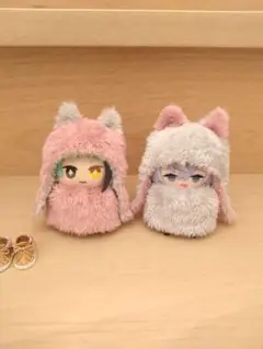 フライングキャップ＆シュシュ風ケープ(ねこ)(長もふピンク×グレー)2個セット