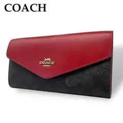 極美品 COACH コーチ 長財布 ロゴ金具 PVC レザー 赤 ブラウン