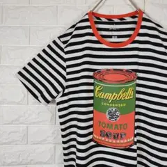 Tシャツ ボーダー アンディ・ウォーホル スープ缶 デカロゴ 白地 ブラック M