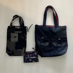 【3点セット】デニムトートバッグ・和柄ショルダーバッグ・花柄ポーチ