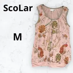 ＊スカラー＊タンクトップ ノースリーブ 総柄 鳥柄 ラメ ピンク M 肩ボタン